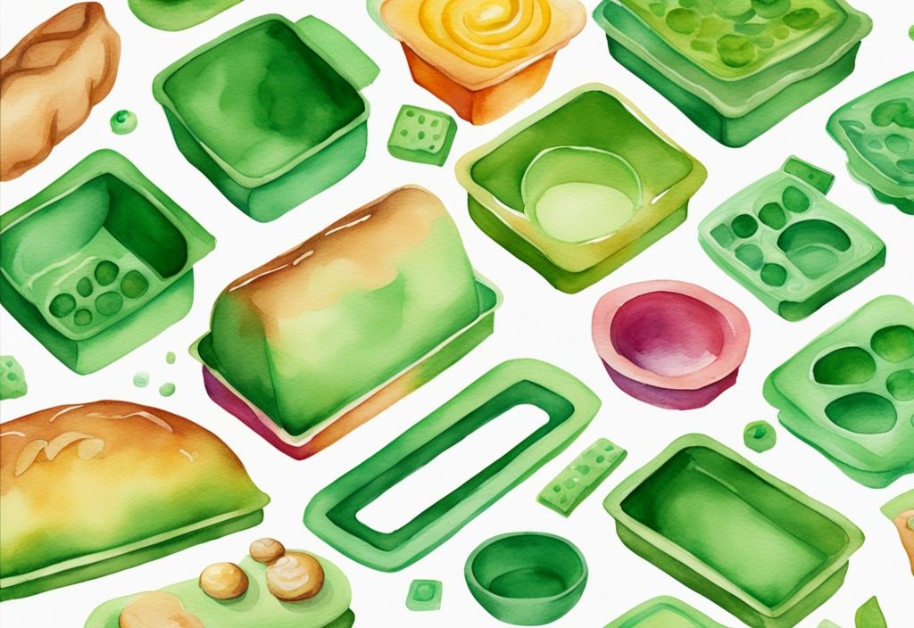 Modern watercolor illustration of green-themed oven safe silicone molds with baked goods inside.