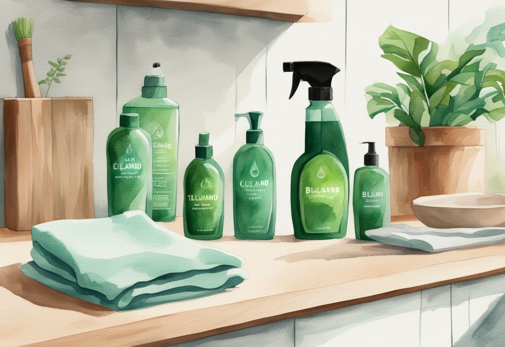 Modern watercolor illustration of Blueland non-toxic cleaning products on a pristine countertop with green plants in the background.