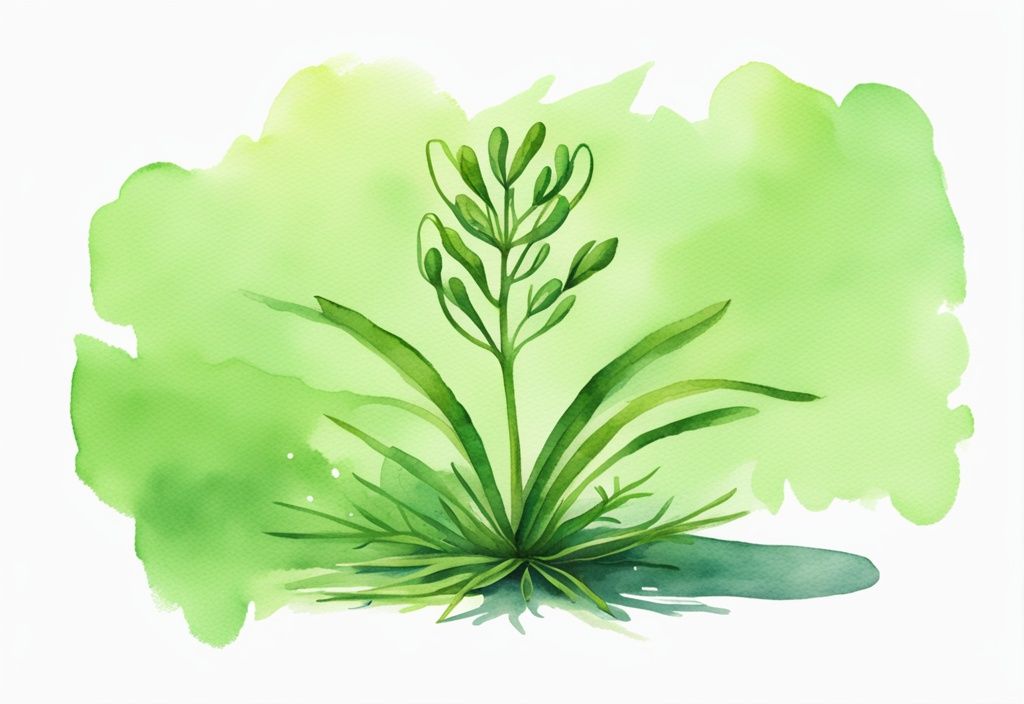 Modern watercolor illustration of a lush green caraway plant in bright sunlight with a non-toxic symbol nearby