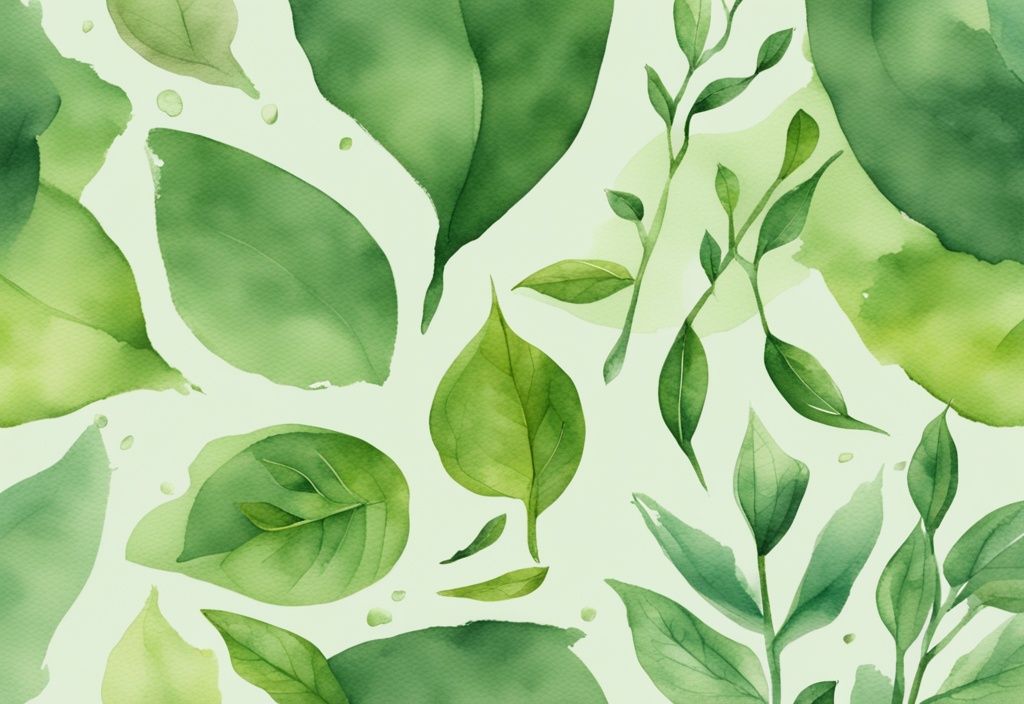 Modern watercolor illustration of organic tea leaves with green theme, featuring nature symbols like leaves, flowers, and a tea plantation field in the background, answering what is organic tea.