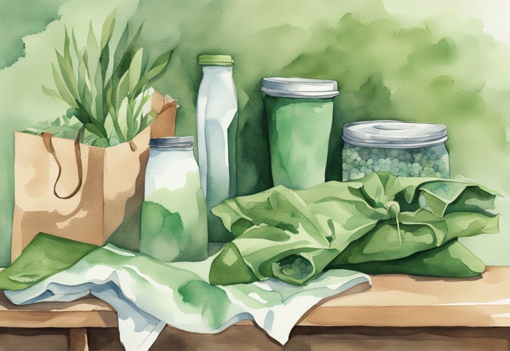 Modern watercolor illustration of zero waste lifestyle items in green, including reusable shopping bags, coffee cups, water bottles, cloth napkins, and a glass jar with bulk food.