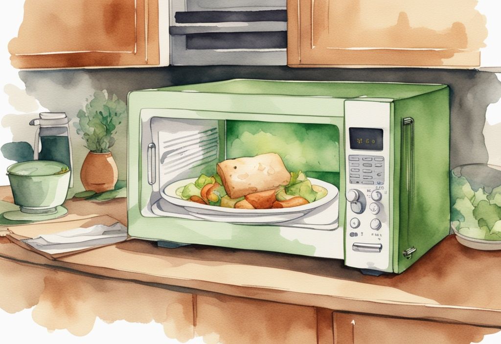 Modern watercolor illustration of a microwave oven with an open door, showing a dish covered with parchment paper inside it, answering the question can you microwave parchment paper.