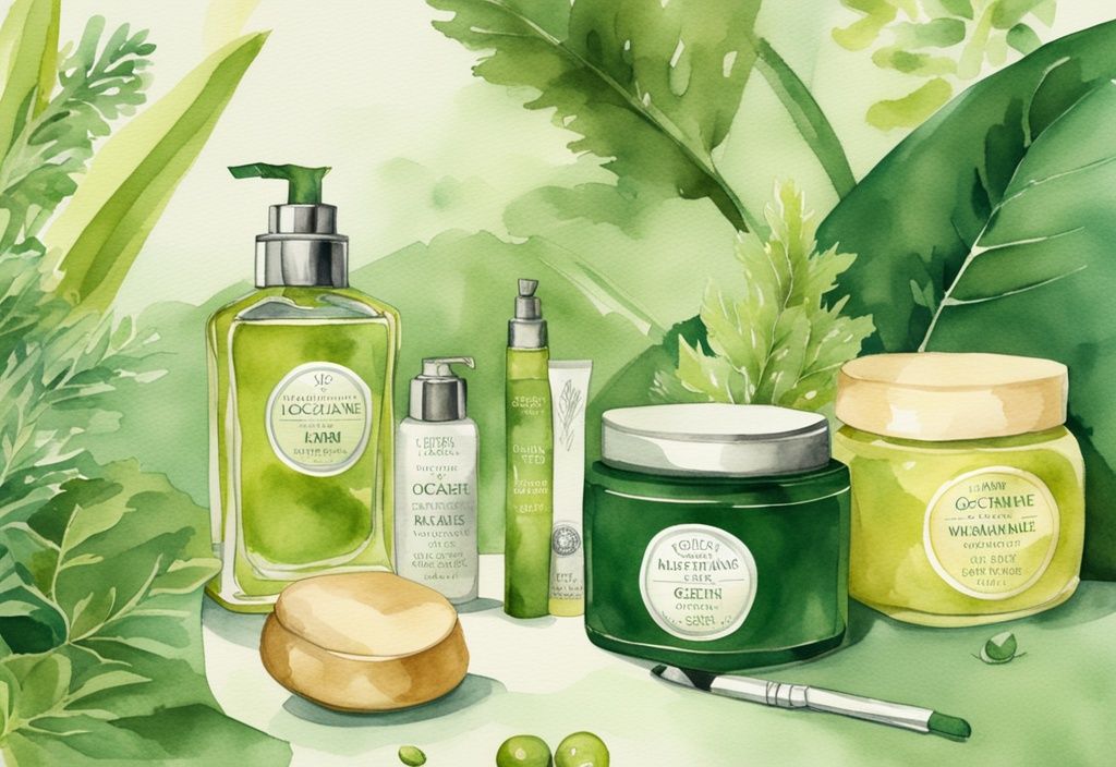 Modern watercolor illustration of L'Occitane products with green theme, featuring a happy animal in a peaceful natural environment.