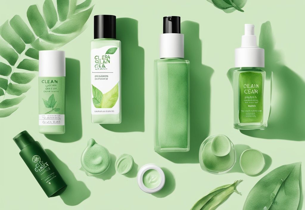 Modern watercolor illustration of green-themed vegan skincare products from Clean and Clear, emphasizing cruelty-free aspect against a pristine background.