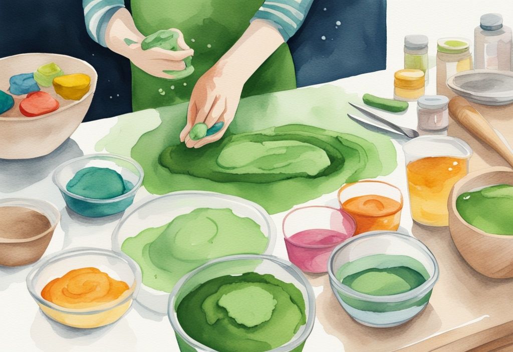 Modern watercolor illustration of hands mixing colorful homemade playdough with all-natural ingredients on a green-themed kitchen counter.