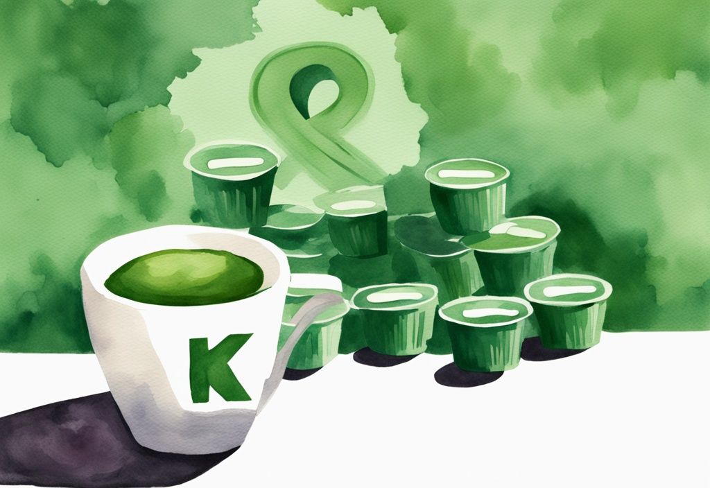 Modern watercolor illustration with green theme, K-cups cluster in foreground, question mark hovering, shadowy cancer ribbon in background