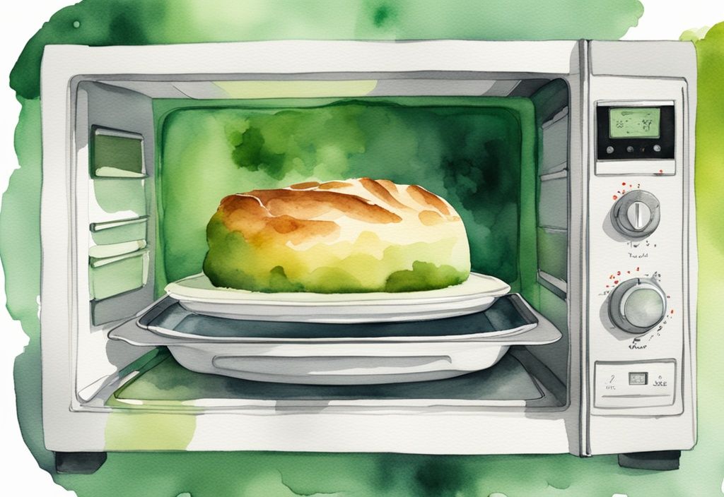 Modern green watercolor illustration of a silicone baking tray inside an open microwave for safe use