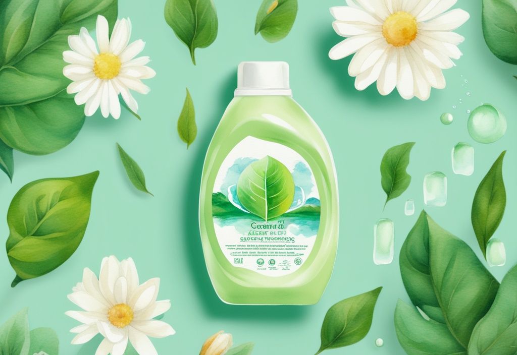 Modern watercolor illustration of Earth Breeze laundry detergent package with green theme, surrounded by flowers, leaves, and clear water stream, highlighting purity and nature. Is Earth Breeze non toxic?