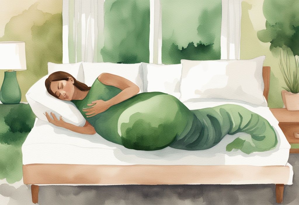 Modern watercolor illustration of an expecting mother resting on a large, non-toxic pregnancy pillow in a warm, cozy setting with a green color theme.