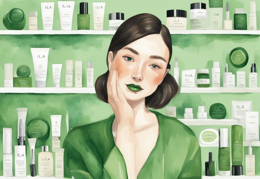 Modern watercolor illustration featuring a friendly Ilia representative holding a "No Animal Testing" sign in front of Ilia beauty products, answering the question "does Ilia test on animals.