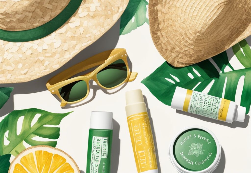 Modern watercolor illustration of Burt's Bees SPF lip balms with sunglasses and straw hat, green theme, summertime accessories.