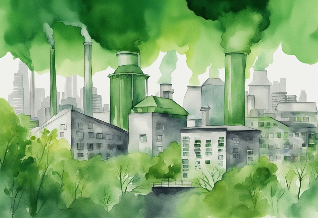 Modern watercolor illustration highlighting what does being green mean with a vivid contrast between a gray industrial city and a lush green environment, symbolizing sustainable vs. non-sustainable lifestyles.