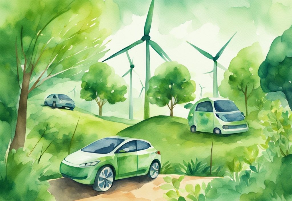 Modern watercolor illustration of green environment with wind turbines, solar panels, and electric cars, symbolizing sustainable and eco-friendly energy sources.