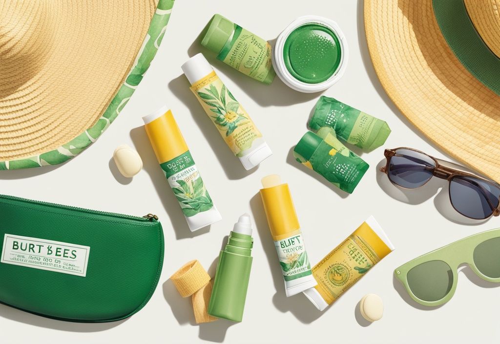 Modern watercolor illustration of green-themed Burt's Bees SPF lip balms with summertime accessories like sunglasses and a straw hat.