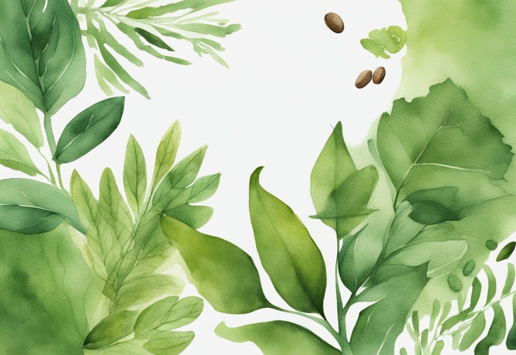 Modern watercolor illustration with green theme, depicting earth breeze ingredients, healthy soil, green leaves, and organic elements.