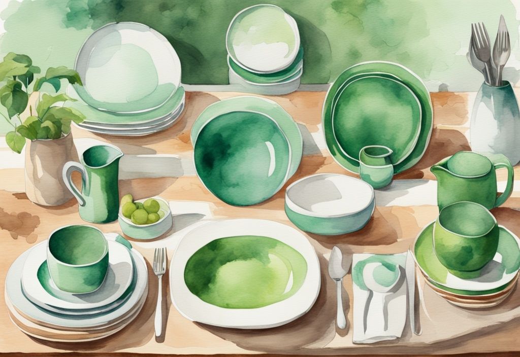 Modern watercolor illustration of colorful non-toxic dinnerware brands on a bright kitchen table.