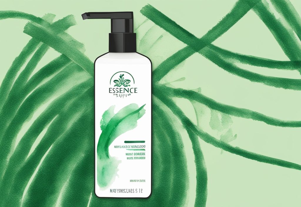 Modern watercolor illustration of Herbal Essences shampoo bottle with question mark, green theme, shed hair strands in background.