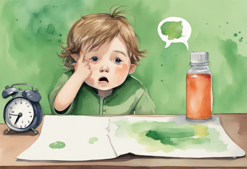 Modern watercolor illustration of a shocked child feeling sick next to a half-eaten box of crayons, with a thought bubble showing a stomach ache and doctor's sign, highlighting side effects of eating crayons.