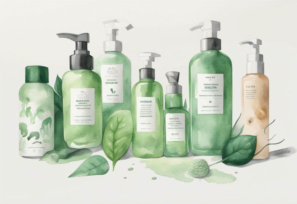 Modern watercolor illustration of cruelty-free face cleanser bottles on white marble with animated animal icons.