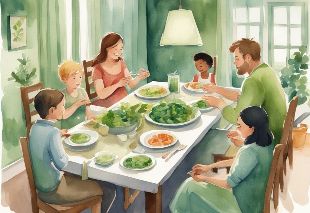 Modern watercolor illustration of a family at a dinner table serving moderate portions of food, emphasizing how to consume less and reduce waste, with a green color theme.