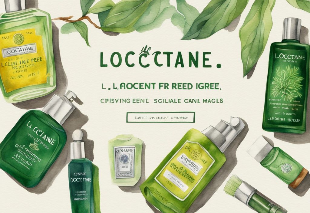 Modern watercolor illustration of L'Occitane products, green theme, labeled "Cruelty Free" - is L'Occitane cruelty free?