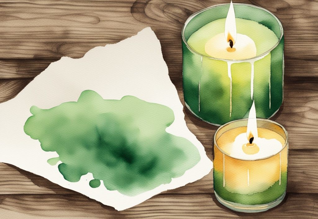 Modern watercolor illustration of green-themed candles, palm wax and soy wax, burning on a rustic wooden table.