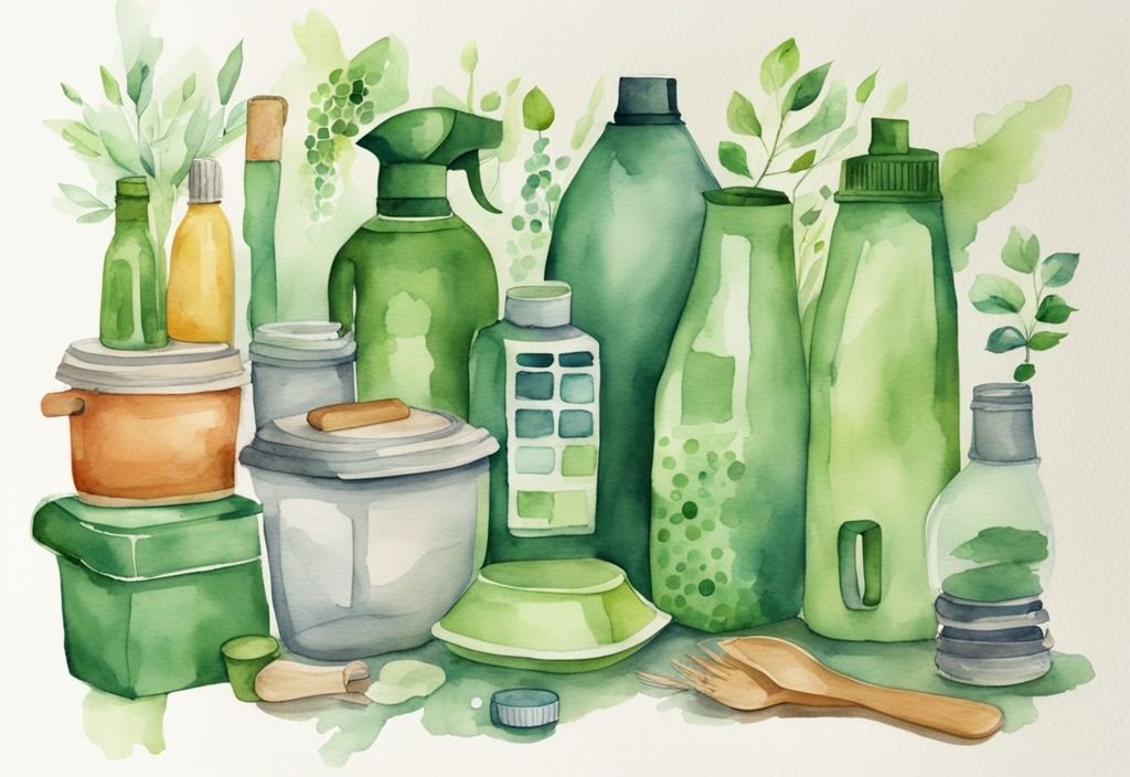 Modern watercolor illustration of green-themed household items creatively repurposed for sustainability.