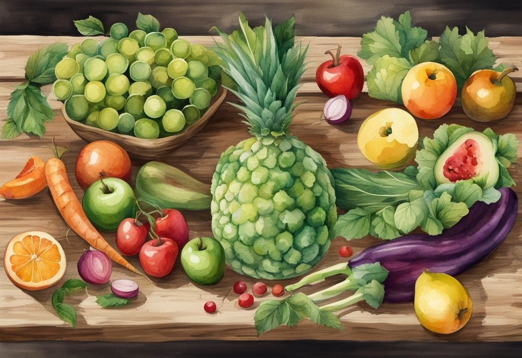 Modern watercolor illustration of non toxic foods with vibrant green organic fruits and vegetables on a rustic wooden table.