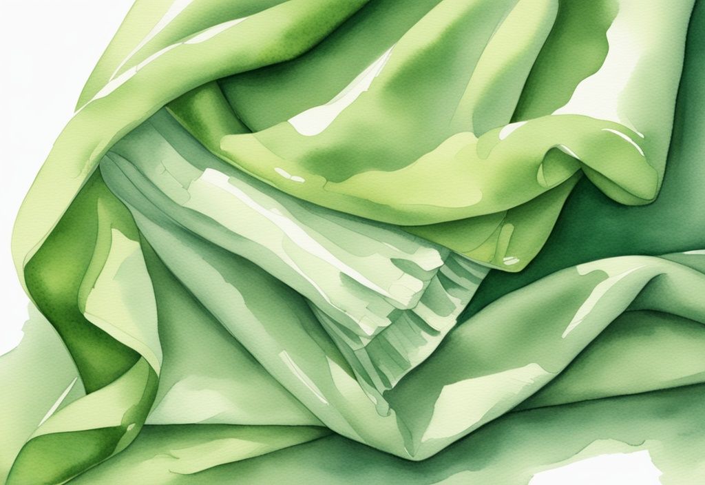 Modern watercolor illustration of green-themed bamboo sheets draped over glowing healthy skin, symbolizing skin health benefits.