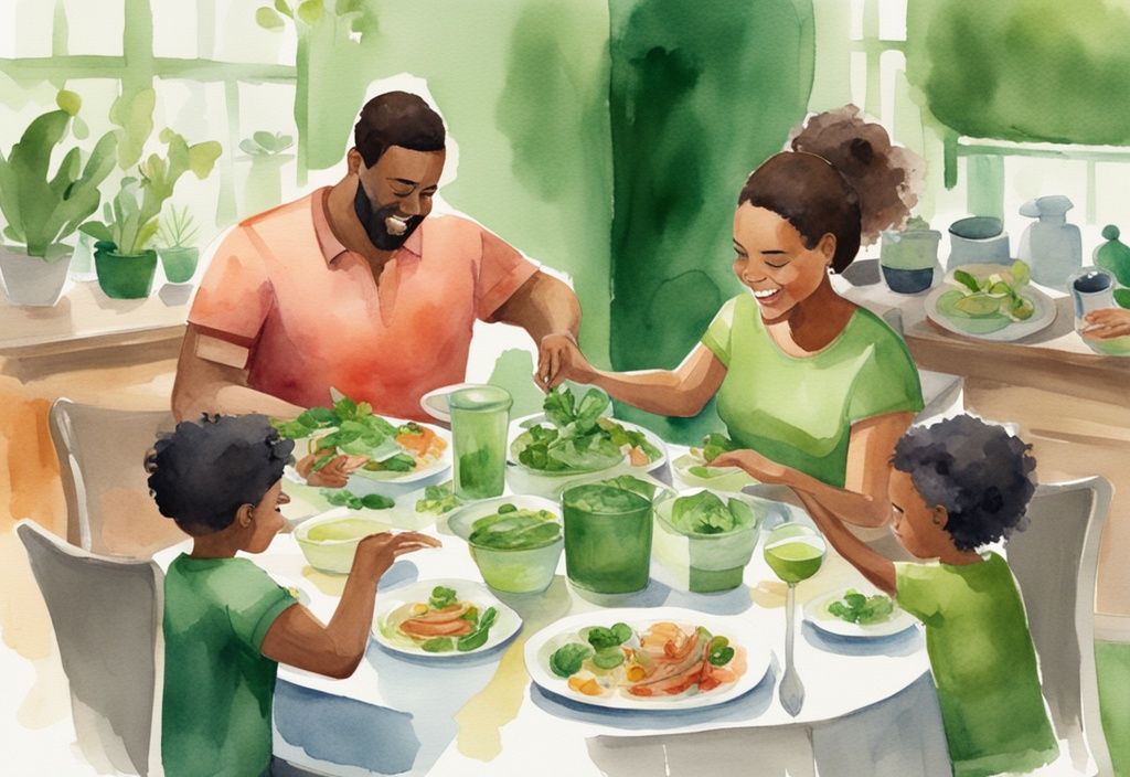 Modern watercolor illustration of a family at a dinner table serving moderate portions, emphasizing how to consume less and reduce waste, with a green color theme.