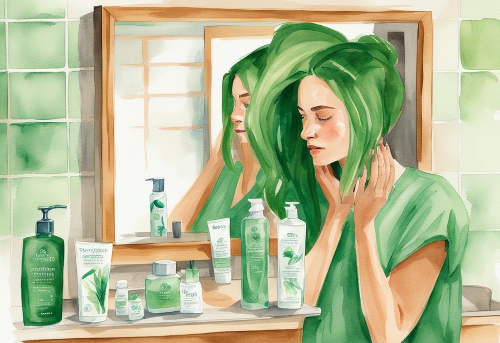 Modern watercolor illustration of a worried woman examining thinning hair in the mirror with a bottle of Herbal Essences shampoo on the counter, addressing the question: does Herbal Essences cause hair loss?