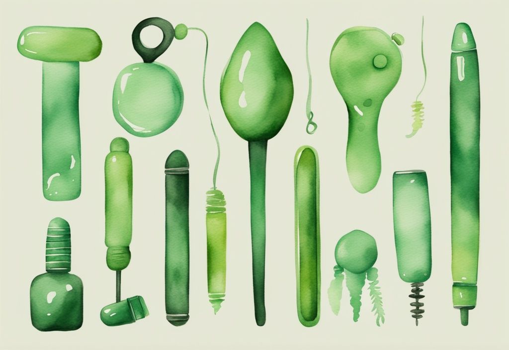 Modern watercolor illustration of diverse non-toxic sex toys arranged on a neutral background.