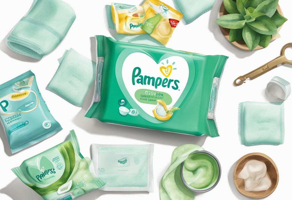 Modern watercolor illustration of opened Pampers Sensitive Wipes with visible wipes and key ingredients like aloe vera and water.