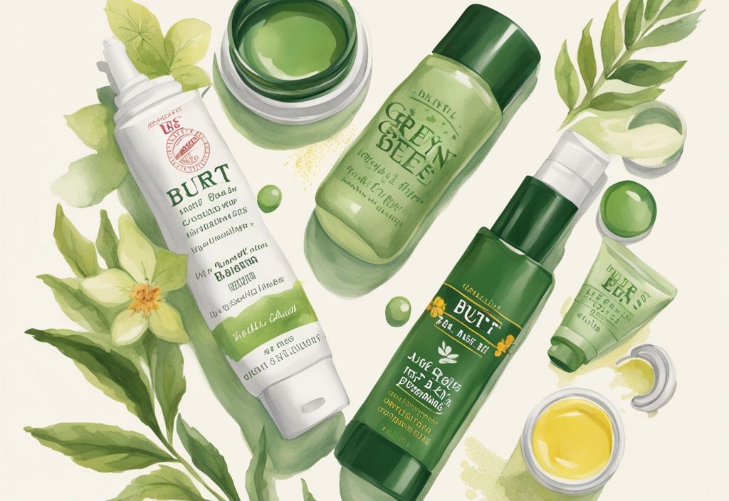 Modern watercolor illustration featuring a variety of Burt's Bees skincare products with clear SPF indications, highlighting the brand's famous lip balm. Does Burt's Bees have SPF?