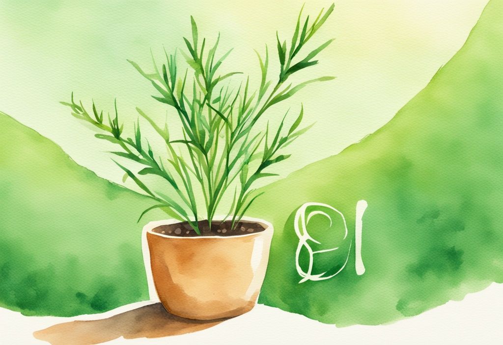 Modern watercolor illustration of a lush green caraway plant in sunlight with a non-toxic symbol floating nearby.