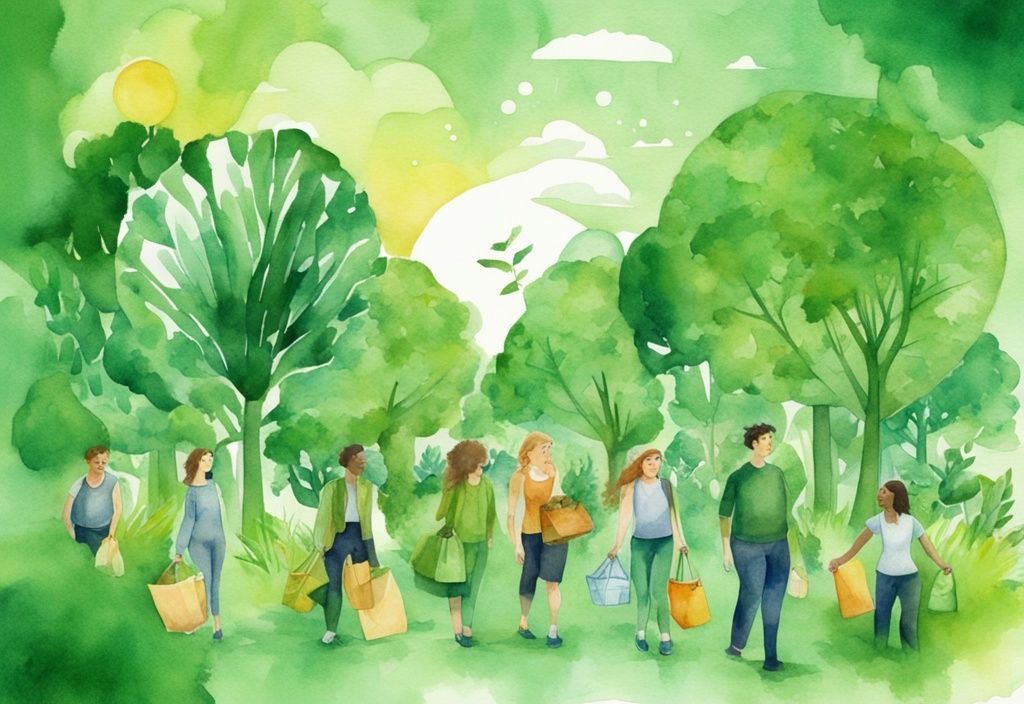 Modern watercolor illustration of a green, eco-friendly world with people using reusable shopping bags and water bottles, and renewable solar and wind energy. What does eco friendly mean?