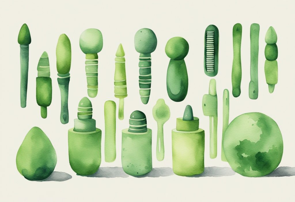 Modern watercolor illustration of diverse non-toxic sex toys in green color theme arranged against a soft, neutral background.