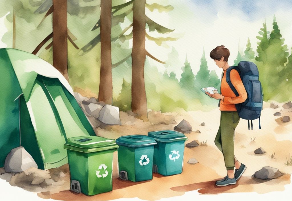 Modern watercolor illustration of a young backpacker recycling waste at a campsite with 'Sustainable Travel Level 1' sign, green color theme.