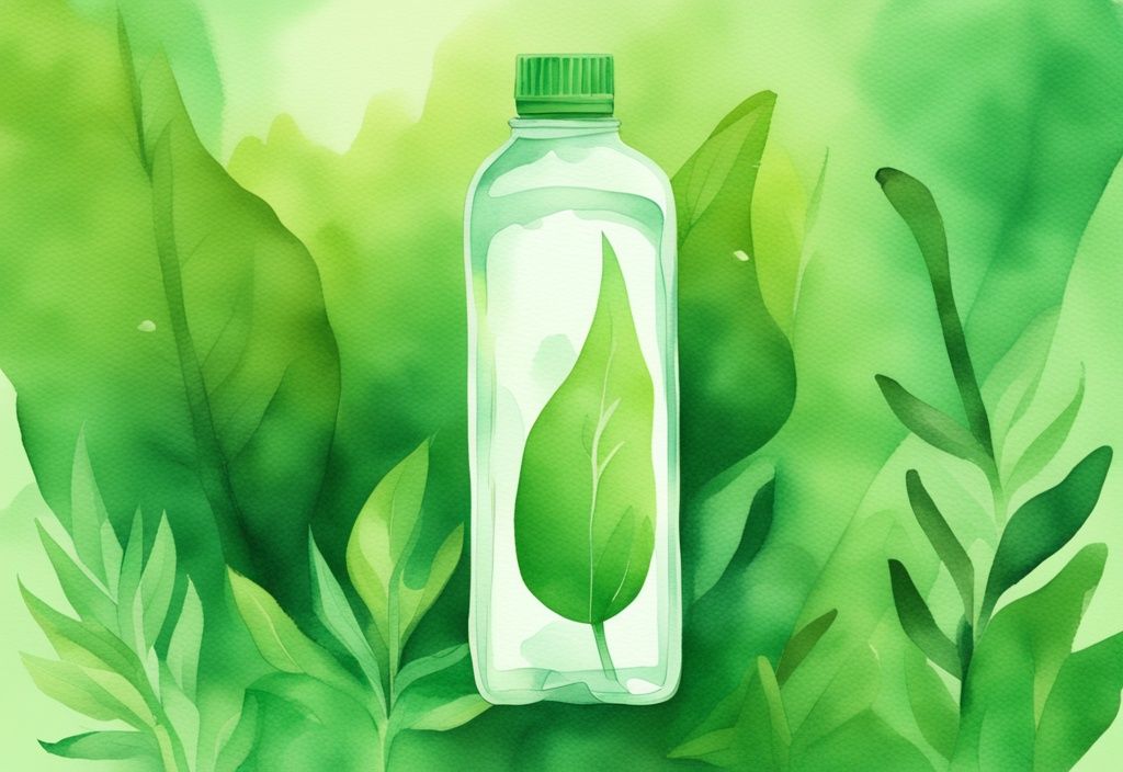 Modern watercolor illustration of Simple Green cleaner bottle in vibrant green nature backdrop, highlighting Simple Green non-toxic qualities.