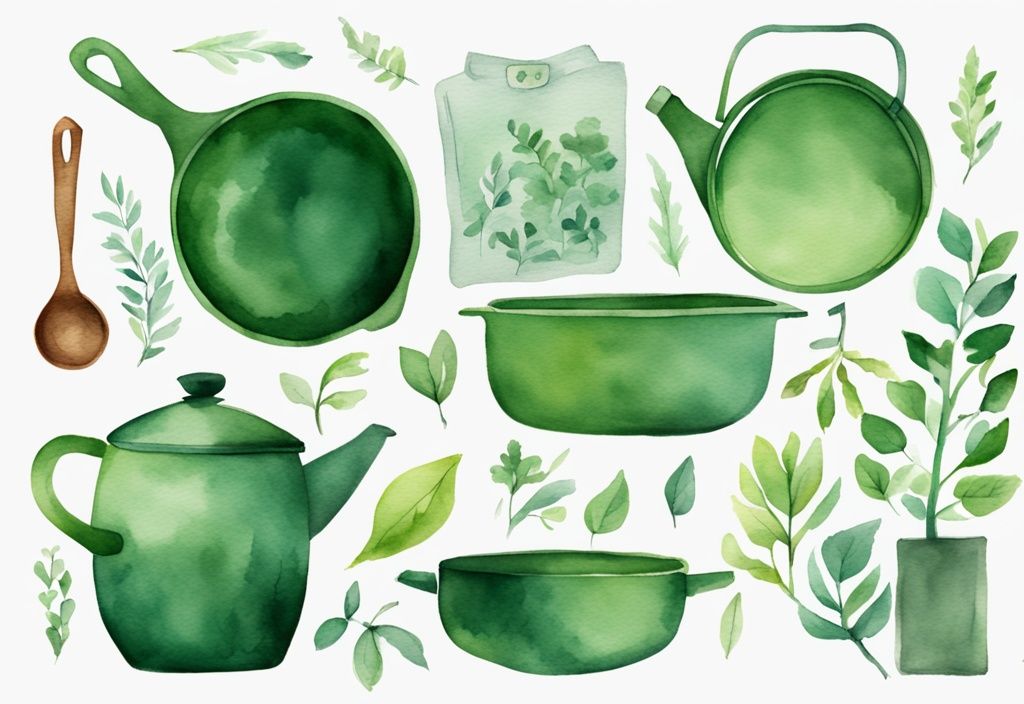 Modern watercolor illustration of Figment cookware non toxic, featuring green-themed pots, pans, and lids surrounded by leaves and plants.