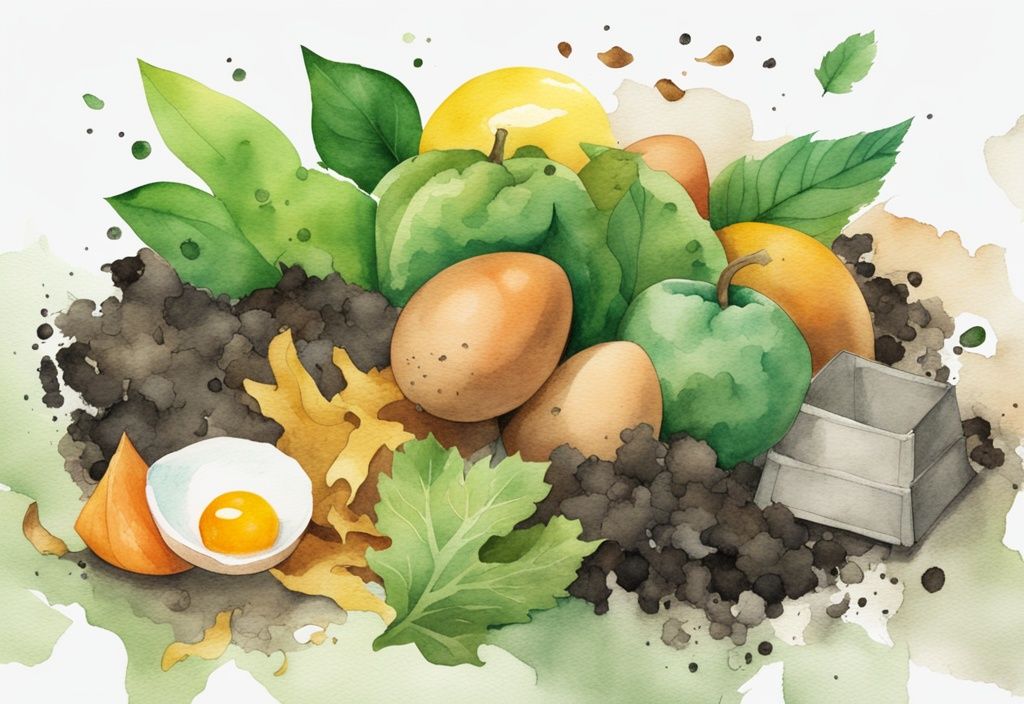 Modern watercolor illustration of a green-themed compost pile with egg cartons, fruit peels, and leaves decomposing.