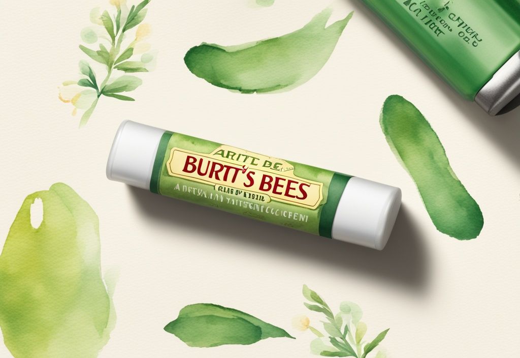 Modern watercolor illustration featuring a close-up of Burt's Bees chapstick with natural ingredients artistically arranged around it, main color theme green. Keywords: Burt's Bees chapstick ingredients.