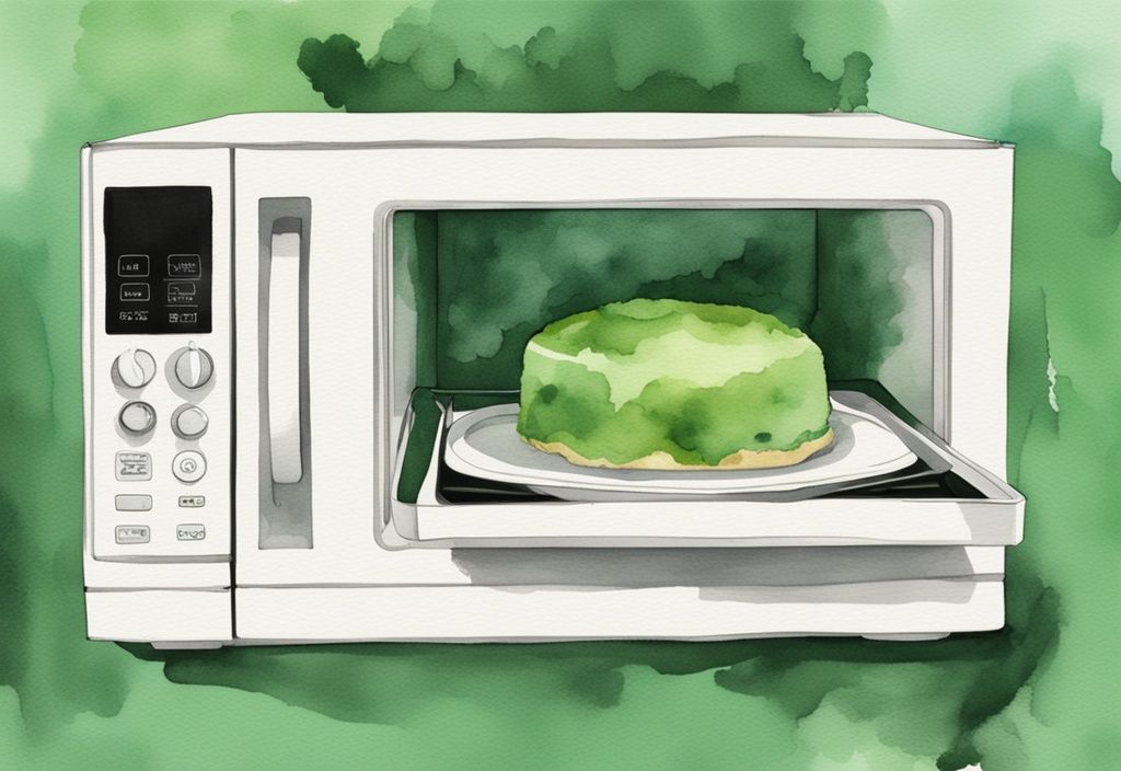 Modern watercolor illustration of a green-themed silicone baking tray in an open microwave showing safe use.