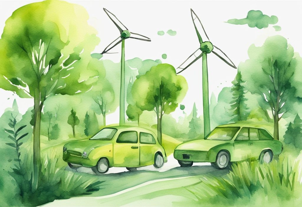 Modern watercolor illustration of green environment with wind turbines, solar panels, and electric cars, symbolizing sustainable and eco-friendly energy sources