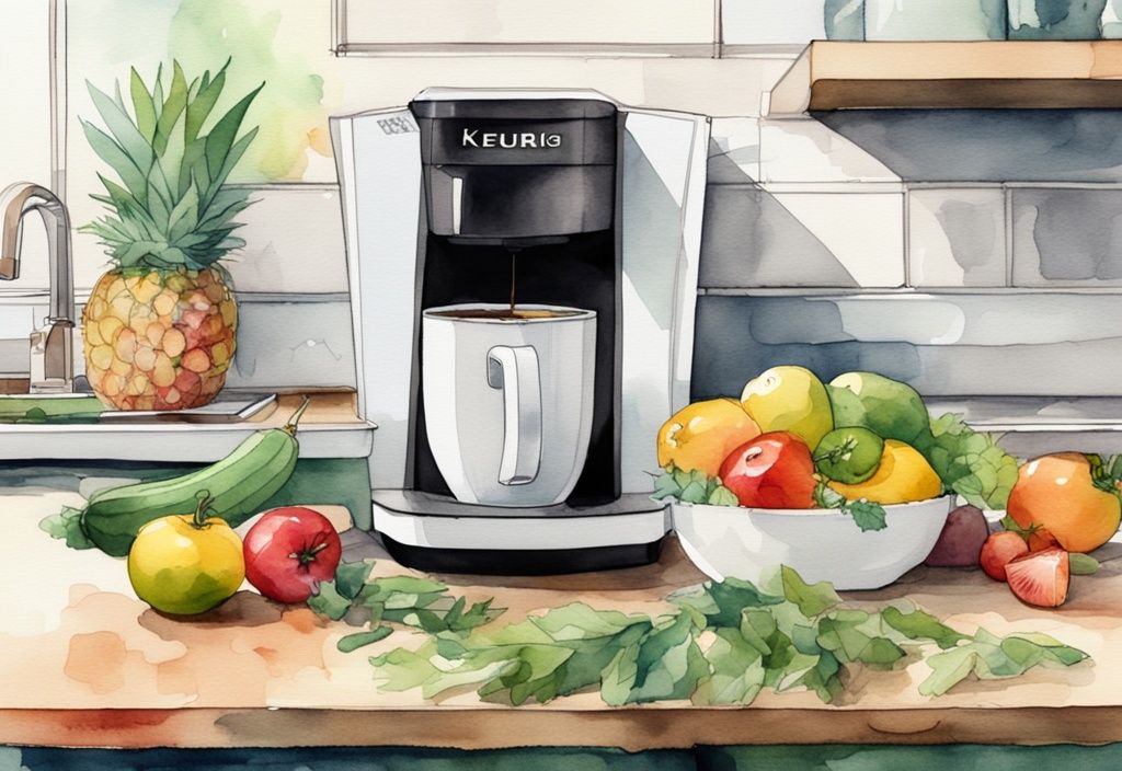 Modern watercolor illustration of a Keurig coffee maker on a kitchen counter with a mug of freshly brewed coffee, surrounded by colorful fruits and vegetables, questioning is Keurig coffee healthy.