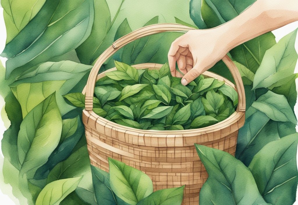 Modern watercolor illustration of hands picking tea leaves from organic bushes in a lush plantation, with a wooden basket of freshly picked leaves in the foreground, depicting how is organic tea made.