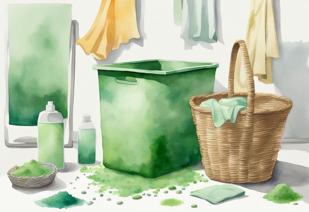 Modern watercolor illustration of colorful, non-toxic laundry scent boosters on a white table with granules spilled out, fresh laundry in a basket in the background.