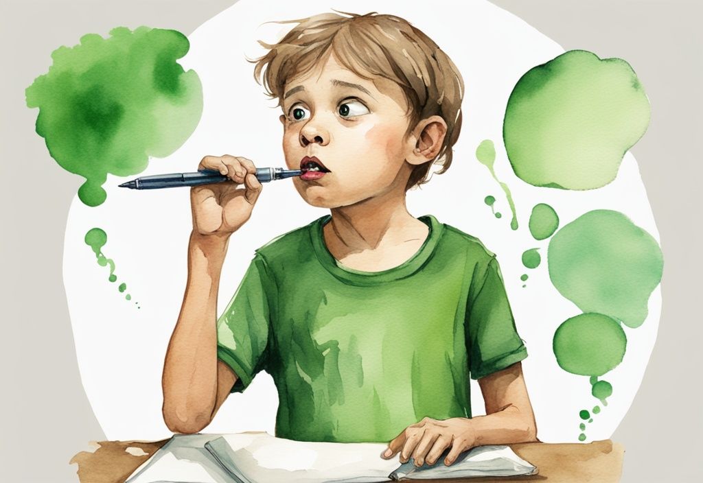 Curious child holding pen near mouth with doubtful expression and thought bubble questioning "is pen ink poisonous if eaten" in green watercolor illustration