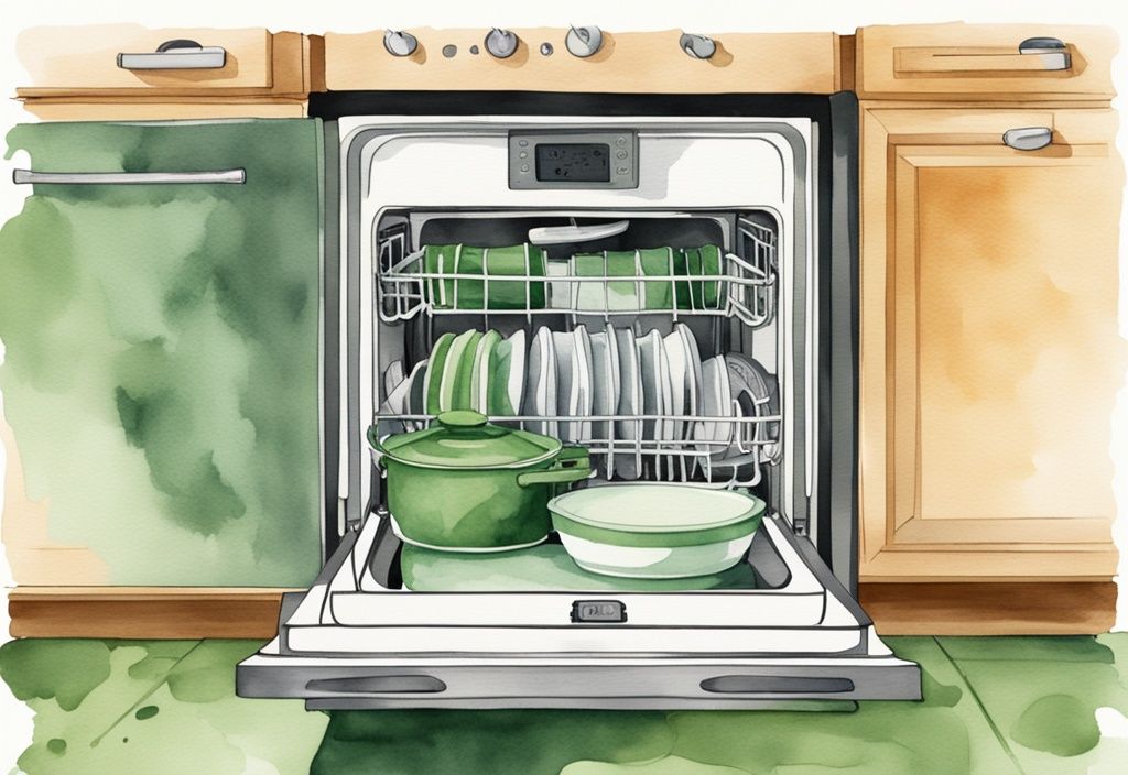 Modern green watercolor illustration of an open dishwasher with a shiny crock pot inside surrounded by clean dishes