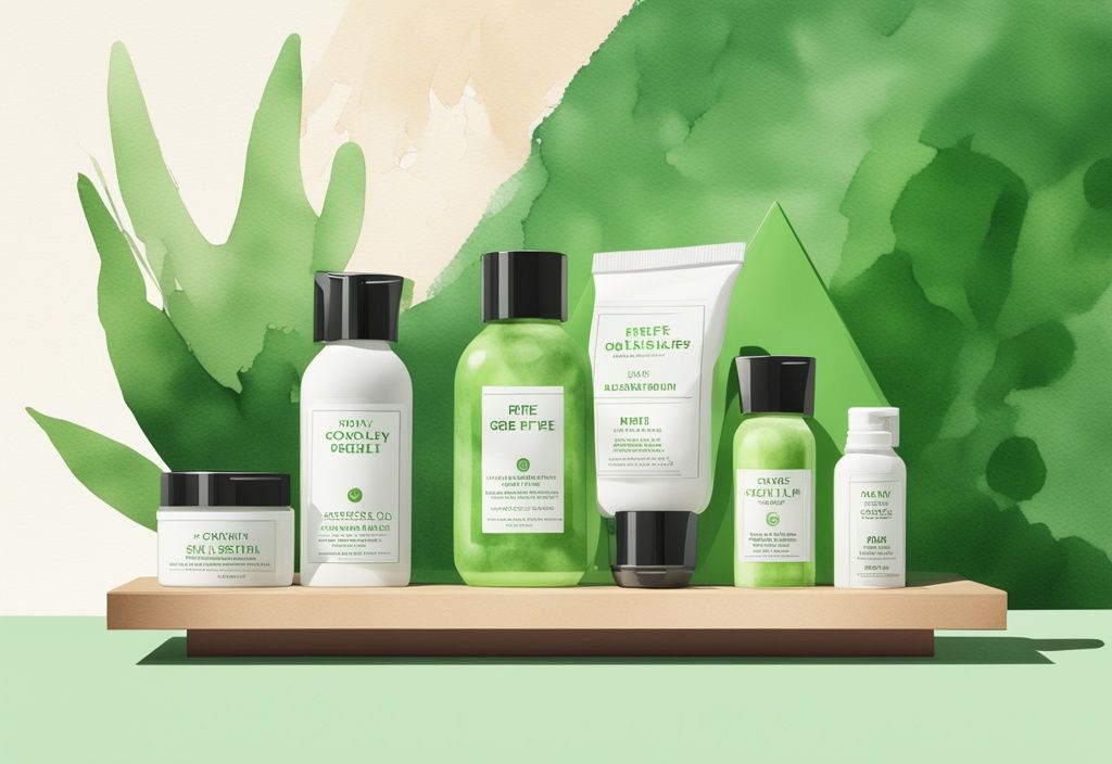 Modern watercolor illustration of The Ordinary skincare products on a podium with a 'Cruelty Free' placard under a spotlight, green color theme.